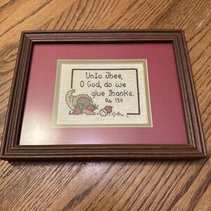 Vintage Framed Needlepoint Cornucopia Bible Verse Psalm 15:1 Give Thanks
